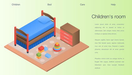 Childrens room concept background. Isometric illustration of childrens room vector concept background for web design