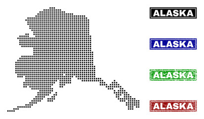 Vector dot abstract Alaska map and isolated clean black, grunge red, blue, green stamp seals. Alaska map tag inside rough framed rectangles and with grunge rubber texture.