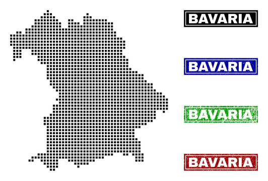 Dot vector abstract Bavaria Land map and isolated clean black, grunge red, blue, green stamp seals. Bavaria Land map tag inside draft framed rectangles and with grunge rubber texture.