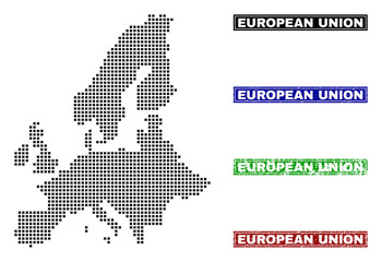 Vector dot abstract European Union map and isolated clean black, grunge red, blue, green stamp seals. European Union map tag inside rough framed rectangles and with grunge rubber texture.