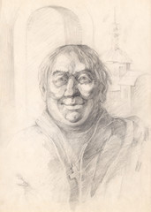 The face of a Catholic monk who is very pleased with himself and his life. Graphic pencil portrait. The head of a man painted with graphite on paper. Academic tonal drawing.