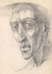 The head of a middle-aged man with large expressive eyes. Graphic pencil portrait. The head of a man painted with graphite on paper. Academic tonal drawing. 