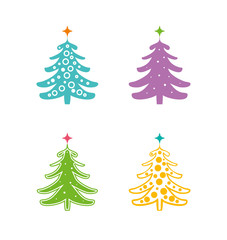 Christmas tree. Set of four multicolored vector patterns of silhouettes of Christmas trees with stars.
