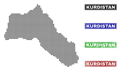 Obraz premium Vector dot abstract Kurdistan map and isolated clean black, grunge red, blue, green stamp seals. Kurdistan map tag inside rough framed rectangles and with grunge rubber texture.