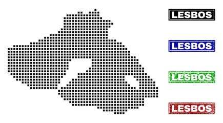 Vector dot abstract Lesbos Island map and isolated clean black, grunge red, blue, green stamp seals. Lesbos Island map tag inside draft framed rectangles and with grunge rubber texture.