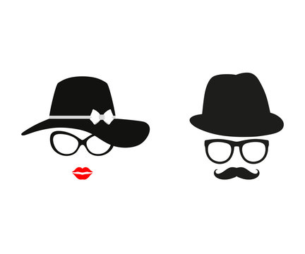 face man and woman in hat and glasses on white background