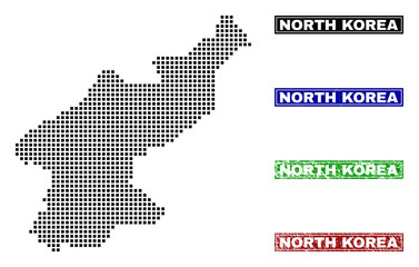 Obraz premium Dot vector abstracted North Korea map and isolated clean black, grunge red, blue, green stamp seals. North Korea map name inside rough framed rectangles and with grunge rubber texture.