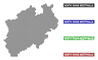 Obraz premium Dot vector abstracted North Rhine-Westphalia Land map and isolated clean black, grunge red, blue, green stamp seals.