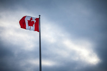 Canadian flag, with its iconic red maple leaf, waiving in the air on a pole, outoors, during a cloudy rainy afternoon in Ottawa, Canada.