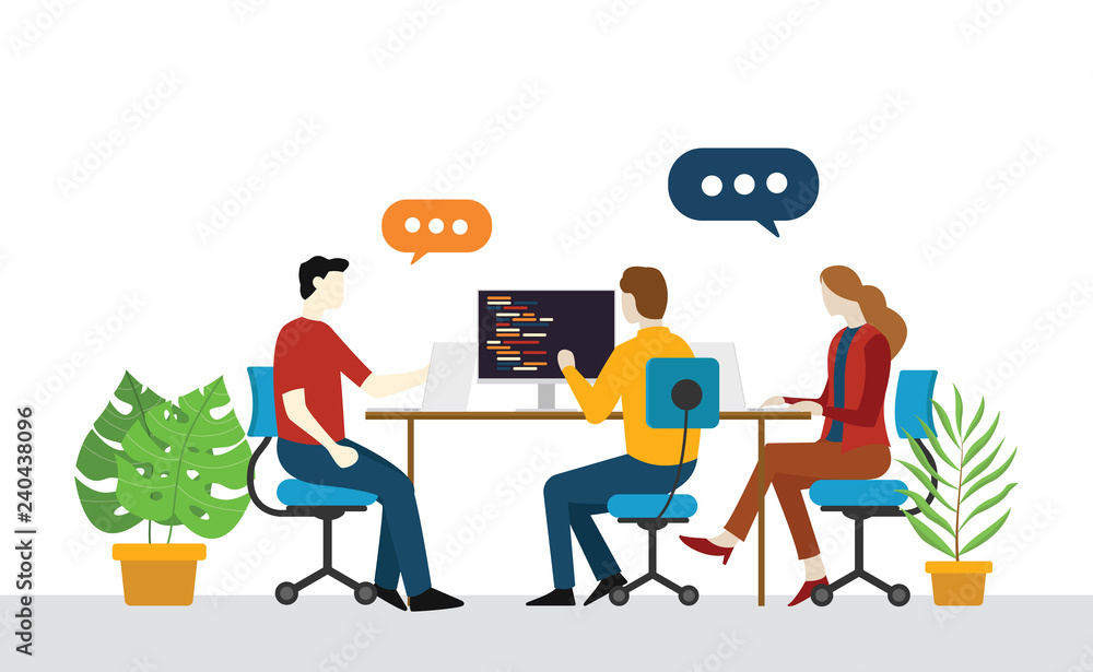 Poster programmer engineer team startup discuss on the office together share argument