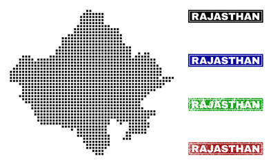 Fototapeta na wymiar Dot vector abstract Rajasthan State map and isolated clean black, grunge red, blue, green stamp seals. Rajasthan State map title inside rough framed rectangles and with unclean rubber texture.