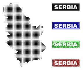 Fototapeta na wymiar Vector dot abstract Serbia map and isolated clean black, grunge red, blue, green stamp seals. Serbia map label inside draft framed rectangles and with grunge rubber texture.