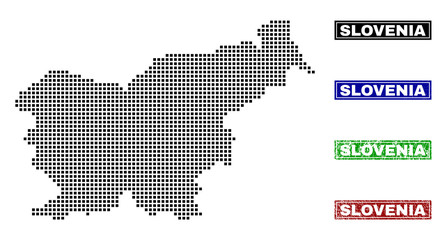 Vector dot abstracted Slovenia map and isolated clean black, grunge red, blue, green stamp seals. Slovenia map name inside rough framed rectangles and with distress rubber texture.