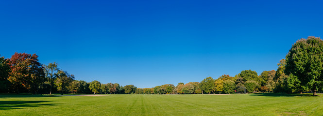 Panorama of empty Great Lawn of Central Park under clear blue sky, in Manhattan, New York City, USA - Powered by Adobe