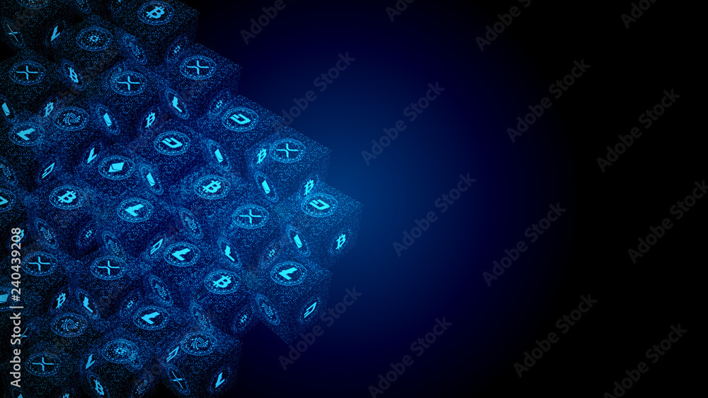 Poster block chain concept illustration. cube shape blocks of computer circuits with crypto currencies conn