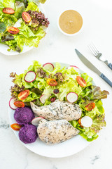 Grilled chicken breast meat steak with fresh vegetable