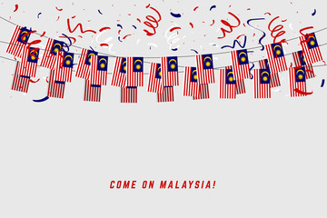 Fototapeta premium Malaysia garland flag with confetti on gray background, Hang bunting for Malaysia celebration template banner.