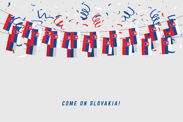 Slovakia garland flag with confetti on gray background, Hang bunting for Slovakia celebration template banner.