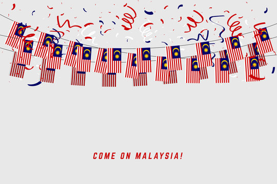 Malaysia garland flag with confetti on gray background, Hang bunting for Malaysia celebration template banner.