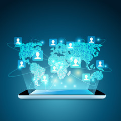 concept of communication technology, graphic of realistic device with global network simulation
