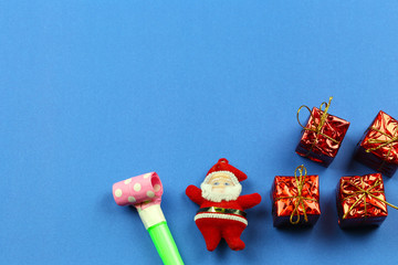 Christmas decorations on blue background and have copy space.