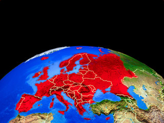 Europe on model of planet Earth with country borders and very detailed planet surface.