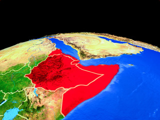 Horn of Africa on model of planet Earth with country borders and very detailed planet surface.