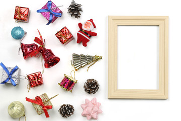 Christmas decoration equipment and photo frame on white background.