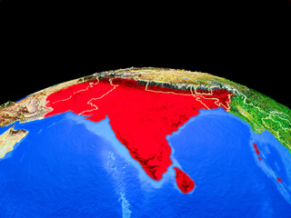 South Asia on model of planet Earth with country borders and very detailed planet surface.