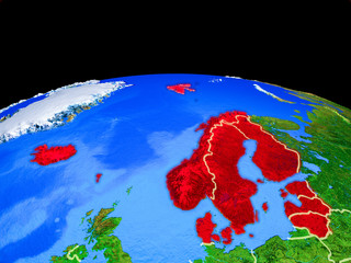 Northern Europe on model of planet Earth with country borders and very detailed planet surface.
