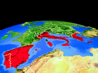 Southern Europe on model of planet Earth with country borders and very detailed planet surface.