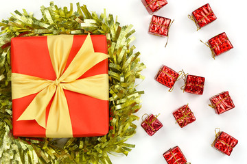 Red Gift Box of Christmas decoration on white background.
