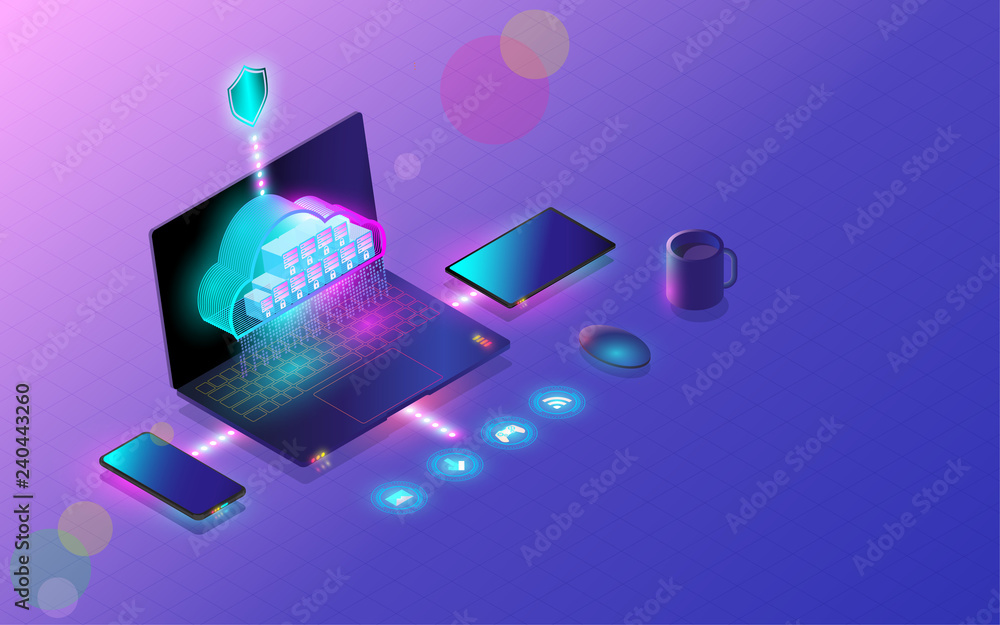 Poster cloud database connect by smartphone, laptop, and tablet modern concept design, web server hosting, 