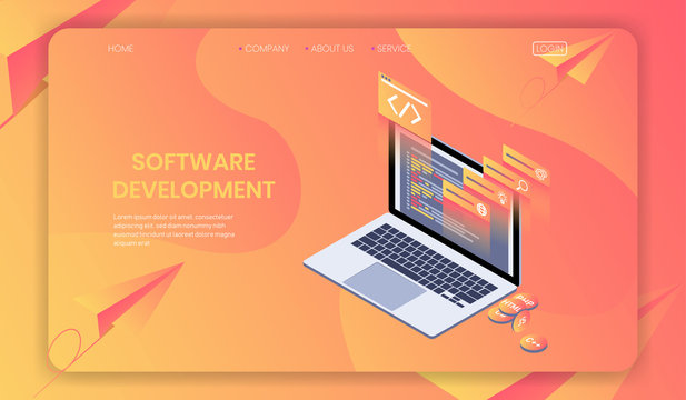 Software Development Isometric concept, web developer, programming language and program code vector.