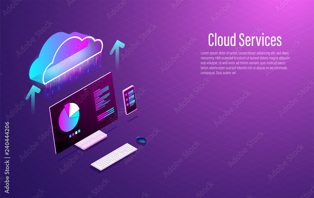 Poster cloud data storage 3d isometric smart modern technolodgy concept with smartphone and laptop. vector