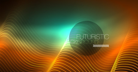 Abstract shiny glowinng color wave design element on dark background - science or technology concept