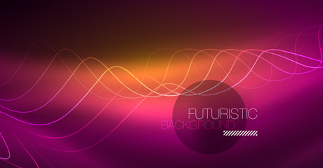 Abstract shiny glowinng color wave design element on dark background - science or technology concept