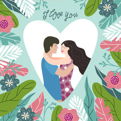 Happy Valentines Day. Couple inside the heart, men and woman. Vector Design element