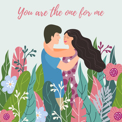 Obraz na płótnie Canvas Happy Valentines Day. Couple in love among flowers. Design element for card, poster, banner, flyer and other use. Vector