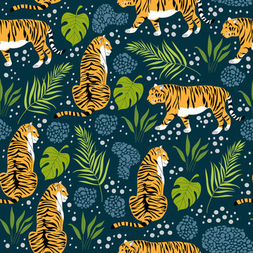 Seamless pattern with tigers and tropical leaves. Trendy style. Vector