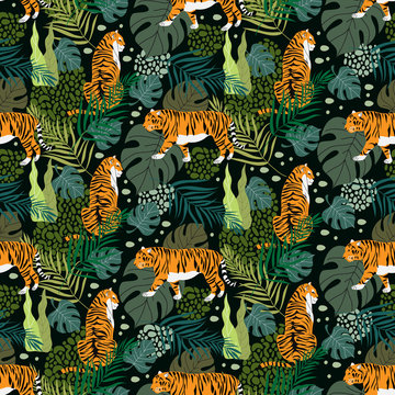 Seamless pattern with tigers and tropical leaves. Trendy style. Vector