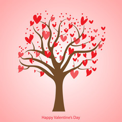 Be my Valentine card with tree and red hearts. Vector.