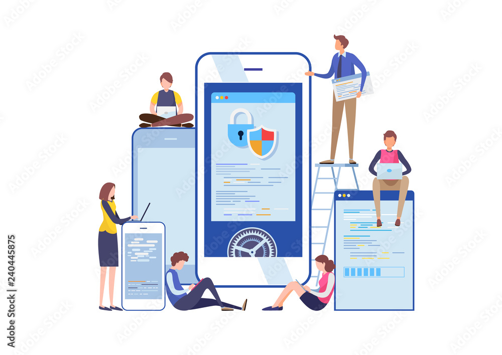 Poster programmer's working with smartphone application. flat cartoon miniature illustration vector graphic