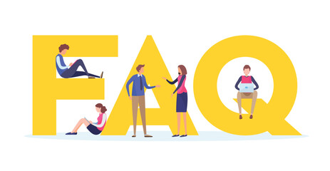 Frequently asked questions concept.  People's with big letter word. Flat cartoon miniature  illustration vector graphic on white background.
 landing page for website. - obrazy, fototapety, plakaty