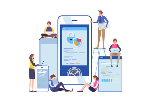 Programmer's working with smartphone application. Flat cartoon miniature  illustration vector graphic on white background.
