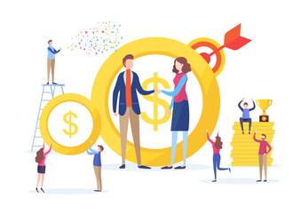 Hand shake of investors. Business financial concept. Deal, agreement, successful,. Flat cartoon miniature  illustration vector graphic on white background.