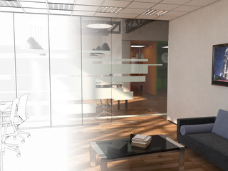 Unfinished project of country style coworking office interior. 3D Rendering