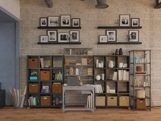 Work table or design workbench in an office interior with a large bookshelf on the wall filled with binders, magazines and books. 3d Rendering.