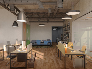 Side view of contemporary conference room with city view and daylight. 3D Rendering