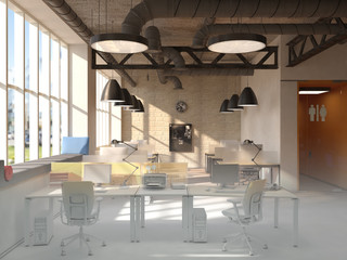 Unfinished project of country style coworking office interior. 3D Rendering